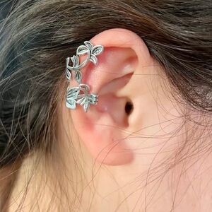 Ear Cuff Earring Womens Adjustable Non-Piercing Leaf & Flower Sterling Plated